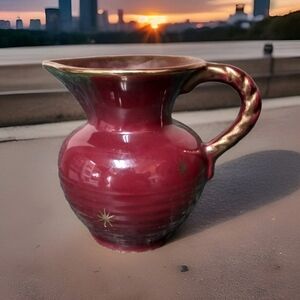 Vintage German Pottery Twist Handle Burgundy Pitcher Gold Star Burst Design
